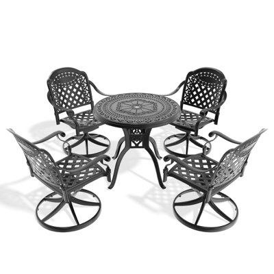 5 All-weather Cast Aluminum Dining Aggregation, 4 Swivel Chairs & 31.50" Round Table, Black, Seating, Comfortable, Easy Assembly Process Configuration, To Put Together