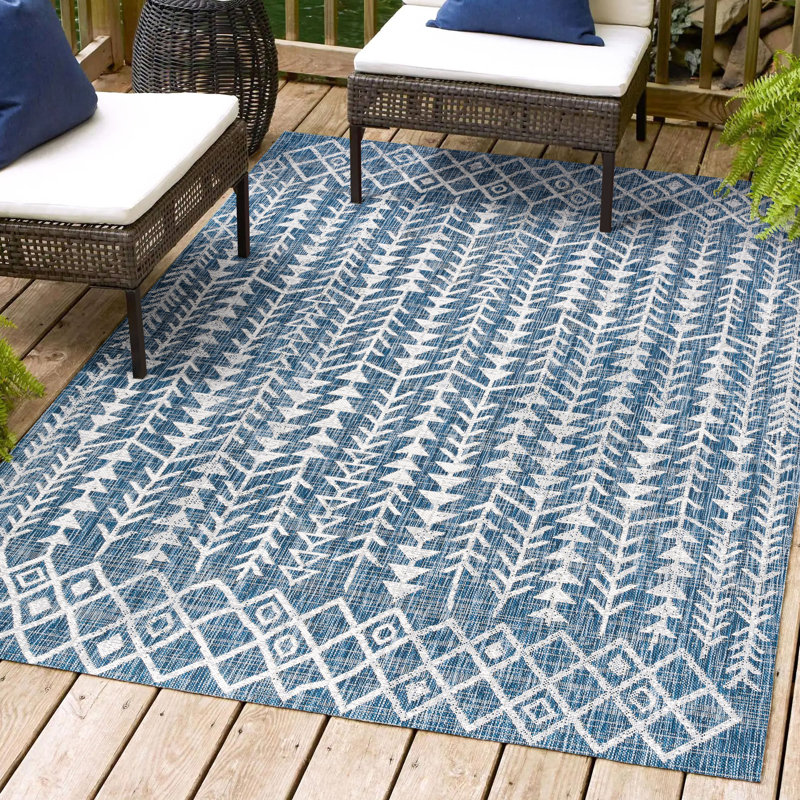 Wiese Bohemian Geometric Blue/Ivory Indoor/Outdoor Rug, Rectangle 7'9" x 10'