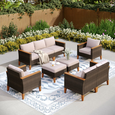 Argyri 9-Piece Wicker Outdoor Patio Conversation Furniture Sectional Set with Fire Pit Table