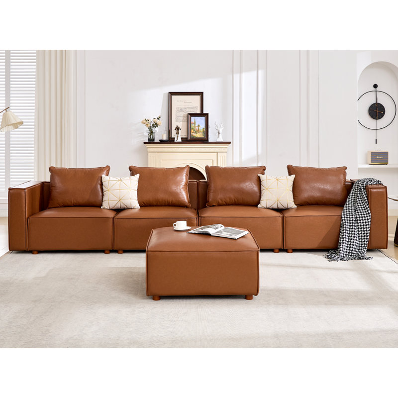 5-Piece 152.76” Wide Leather Upholstered Sectional Sofa, Brown Leather