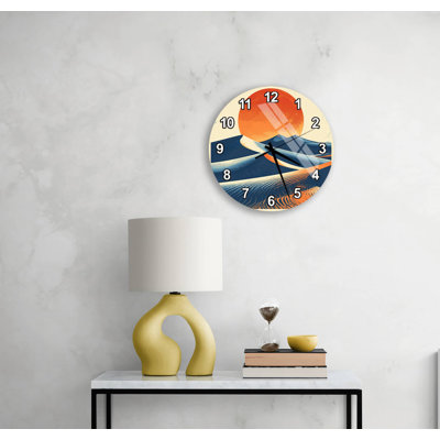 Horloge murale moderne abstrait du désert, art de paysage en verre trempé avec soleil et dunes de sable, décor boho orange bleu, cadeau unique de pendaison de crémaillère