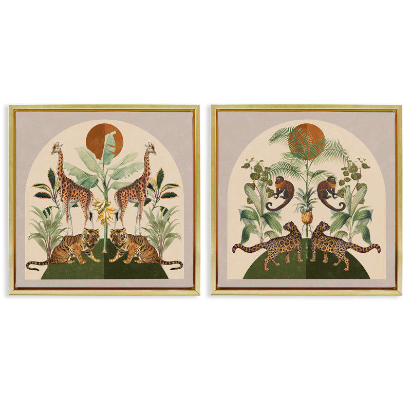 «Jungle Animals Foliage Illustration», ensemble de 2 toiles flottantes encadrées par Victoria Barnes, Cadre flottant doré