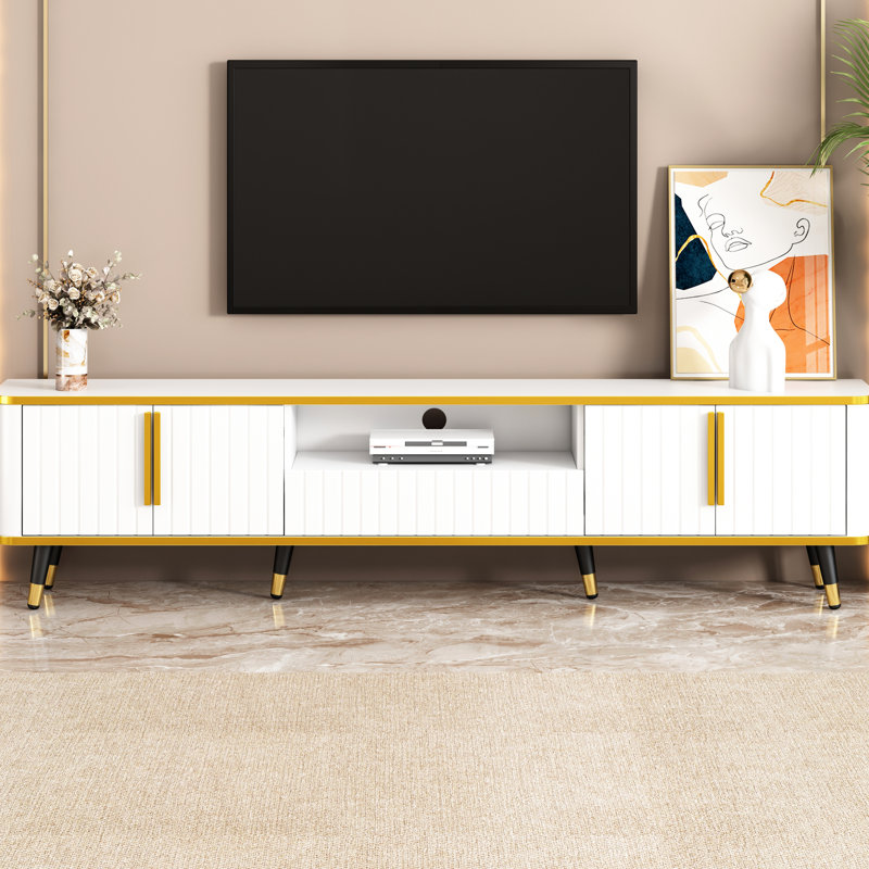 Console de 80 à 89 po, blanc avec or, options de rangement pratiques et support de style 85 po, finition, pieds dorés, espace généreux