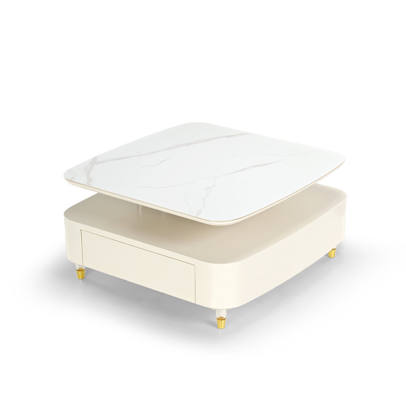 Table basse rotative blanc crème avec tiroirs