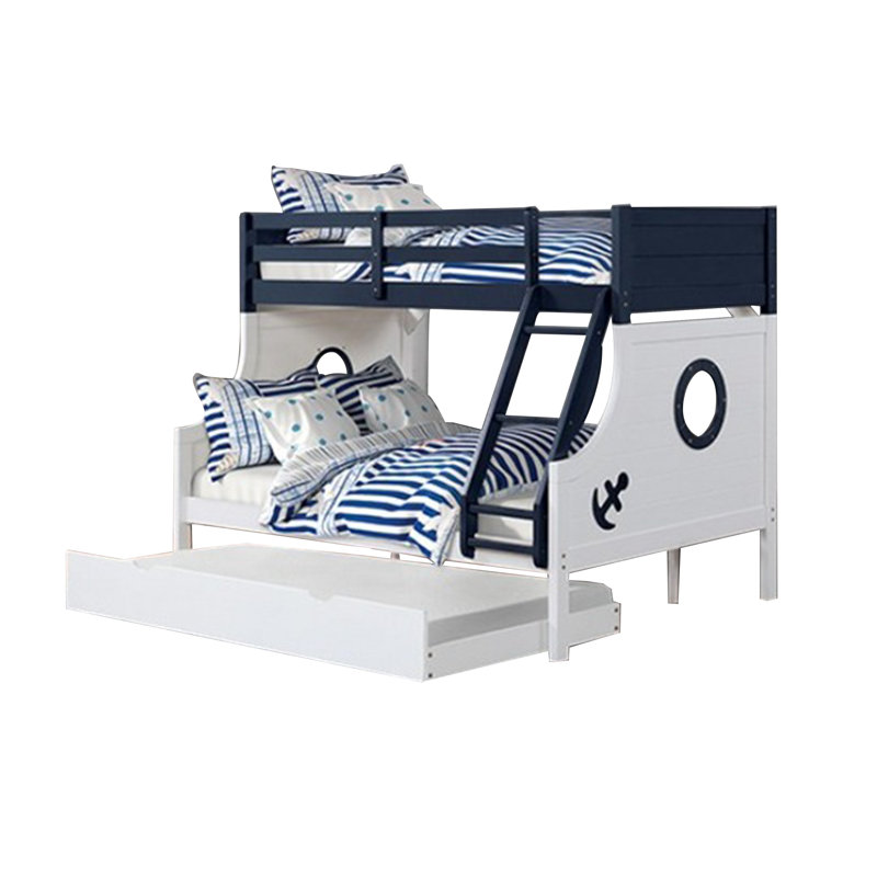 Lit superposé simple au-dessus de double Nexo, décorations nautiques en blanc et bleu foncé, Bleu / blanc