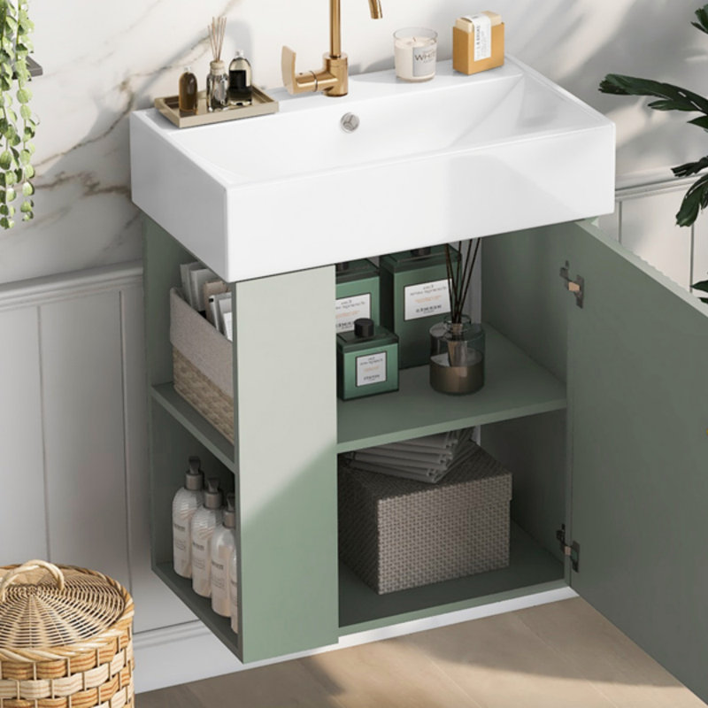 Meuble-lavabo flottant moderne de 21,6 po avec lavabo en céramique - parfait pour les petites salles de bain, rangement à gauche