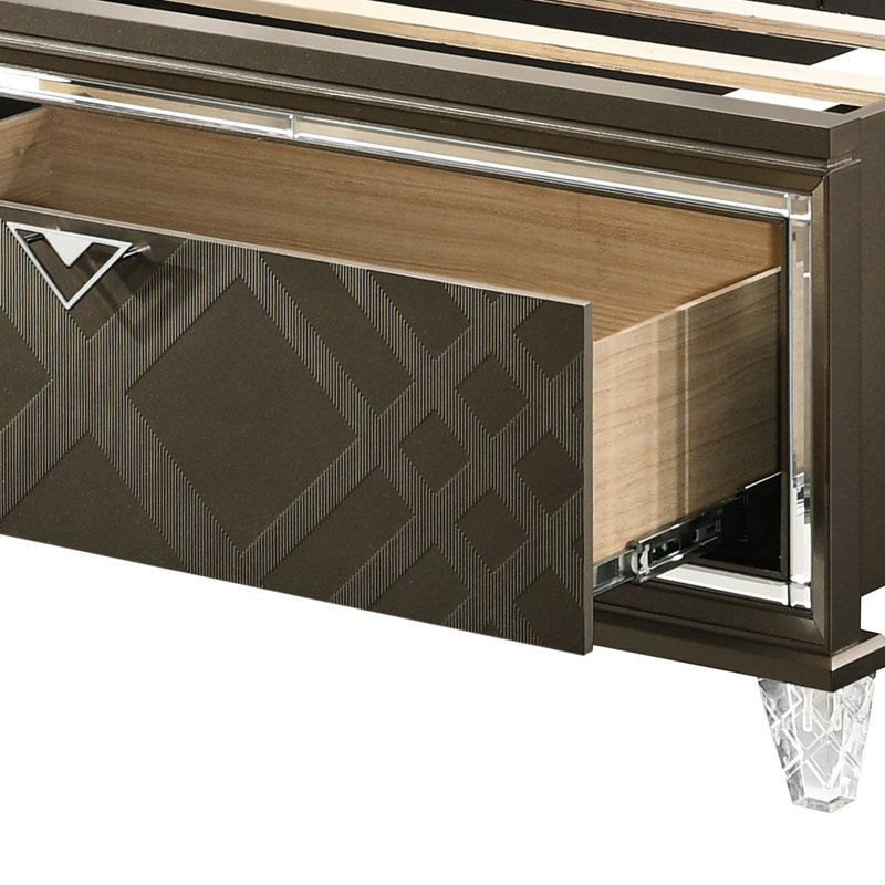 Lit double foncé champagne - avec rangement et DEL, finition en cuir synthétique scintillant, rangement, faux