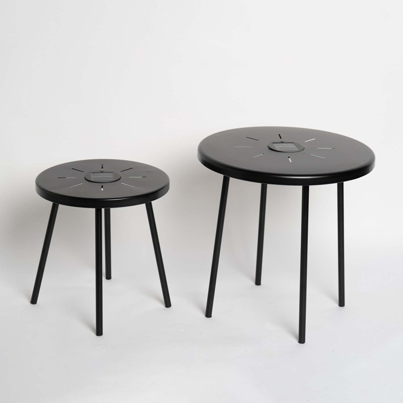 2-Pack Solar Powered Side Table with LED Light, Outdoor/Indoor Nesting Round End Table Set