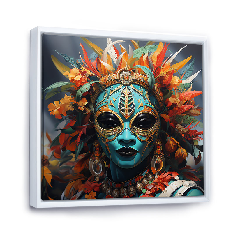 Danse des masques d'Afrique I - Masque africain, art mural, Cadre flottant blanc, 16" H x 16" W