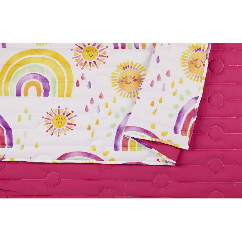 Ensemble de courtepointe réversible en microfibre rose Rainbow & Suns, Courtepointe simple et 1 taie décorative