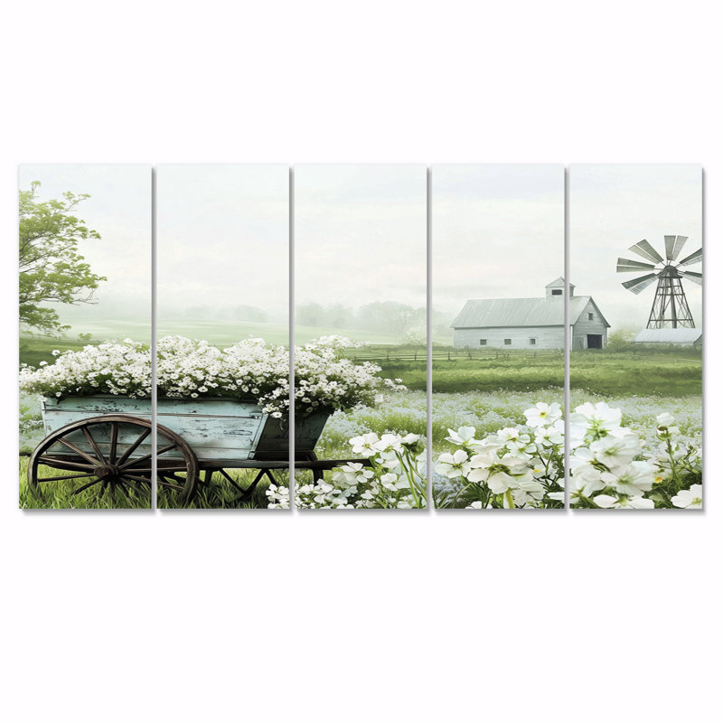 «Farm Landscape Flowers In White & Green Tones I» - Ensemble de décoration murale de ferme, H 32 po x l 80 po