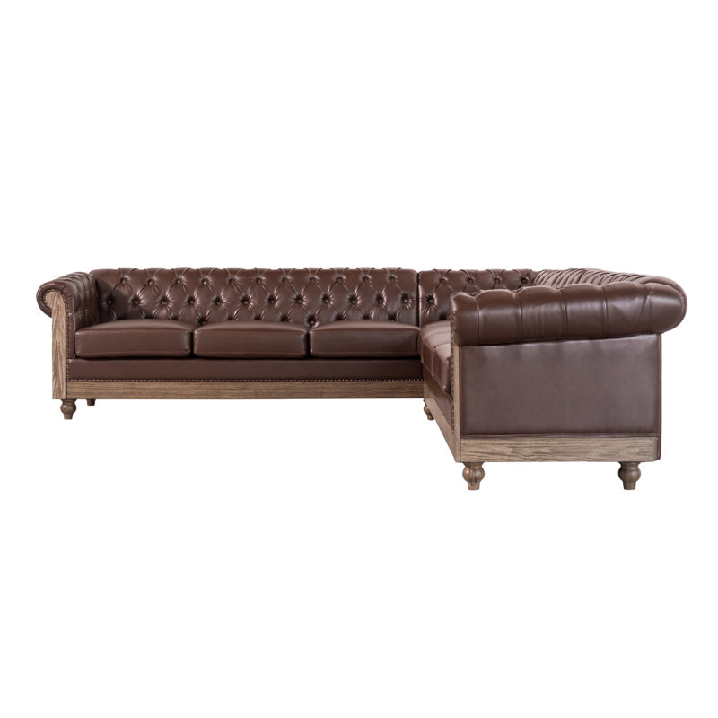 Grand canapé modulaire confortable avec pieds en bois Mirod, Simili cuir brun foncé
