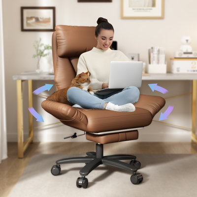 Criss Cross Desk Chair, Cross Legged Office Chair with Wheels, Leather Big and Tall Reclining Office Chair 500lbs with Foot Rest, Reversible Armrests by Inbox Zero