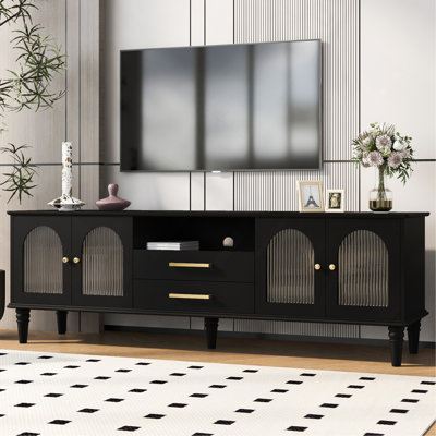 Meuble télé 68,9 po pour téléviseur de 75 po ou moins, console multimédia avec portes en verre cannelé et 5 pieds en bois massif