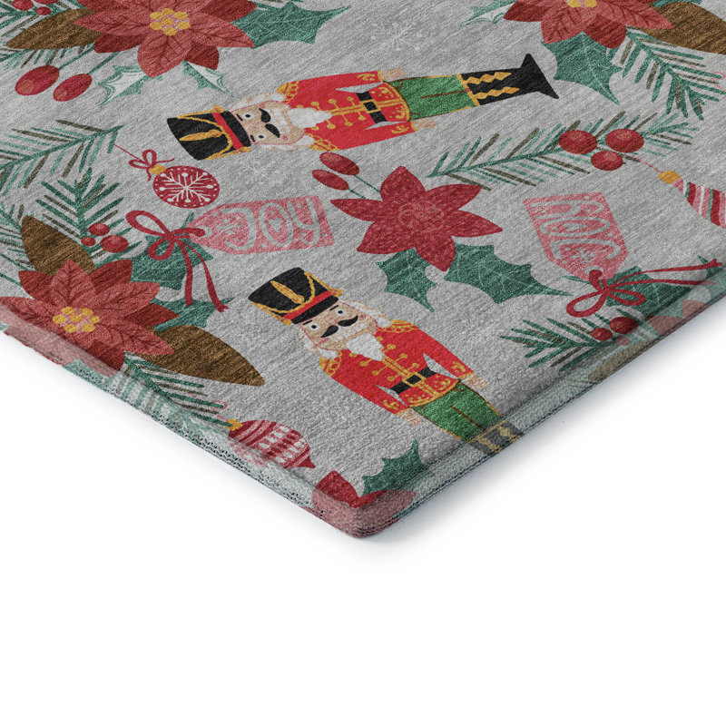 Premium Machine Washable Dockside AMF1822 Nutcracker and Poinsettia Rug, Round 8'