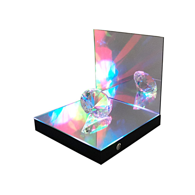 Large 3 1/4" (8cm) Polished Faceted Glass Diamond on LED Lighted Mirror Riser Display Platform