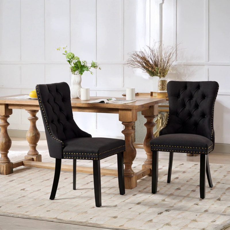 High-End Tufted Solid Wood Contemporary Flax Upholstered Linen Dining Chair With Wood Legs Nailhead Trim 2-Pcs Set, Black
