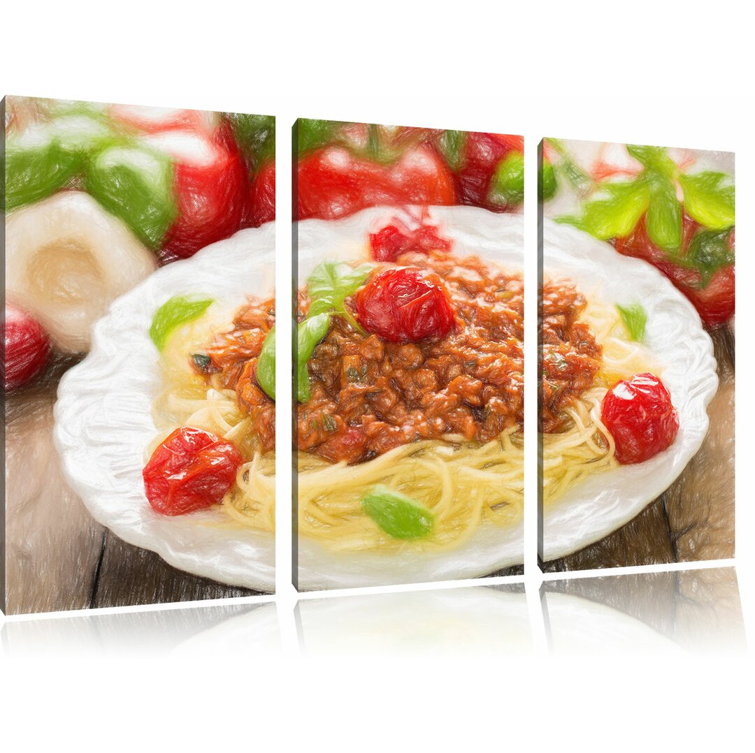 3-tlg. Leinwandbilder-Set „Spaghetti Bolognese auf dem Teller“, Grafikdruck