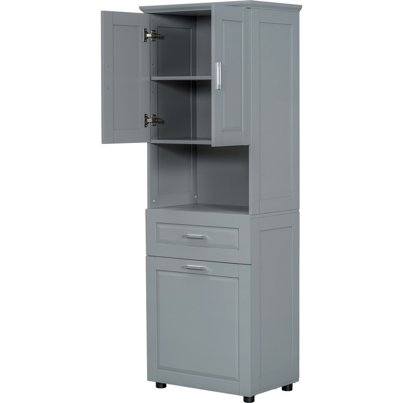 Tall Bathroom Cabinet With Laundry Basket, Large Storage Space Tilt-Out Laundry Hamper And Upper Storage Cabinet, Gray