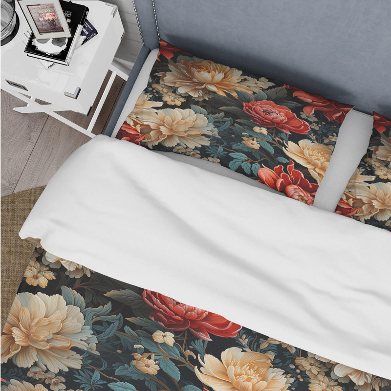 Ensemble de housse de couette rouge et beige Poppy Blossum, Housse de couette pour très grand lit et 2 très