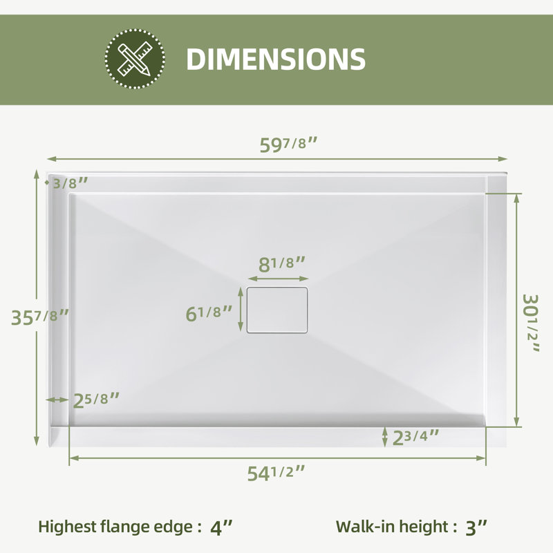 60" X 36" Double Threshold Shower Pan Base In White With Drain Cover Included