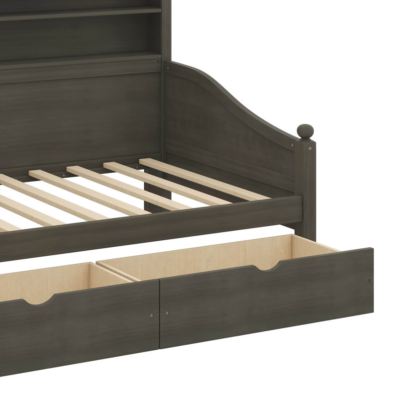 Lit de jour simple en bois avec tiroirs de rangement intégrés, tête de lit et étagère de rangement, Gris antique