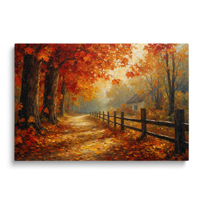 Chemin forestier d'automne rouge pictural avec clôture, impression sur toile - 50 x 75 cm