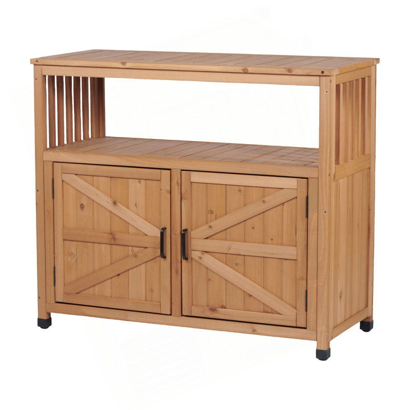 Wooden Patio Bar Table Set With Storage, Buffet Cabinet Sideboard For Outdoor And Indoor, Light Brown