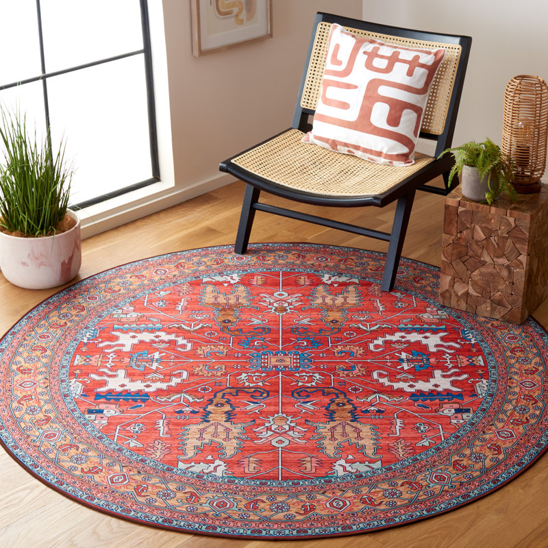Tucson Vintage Look Machine Washable Non-Slip Area Rug in Red Multi, Round 183cm