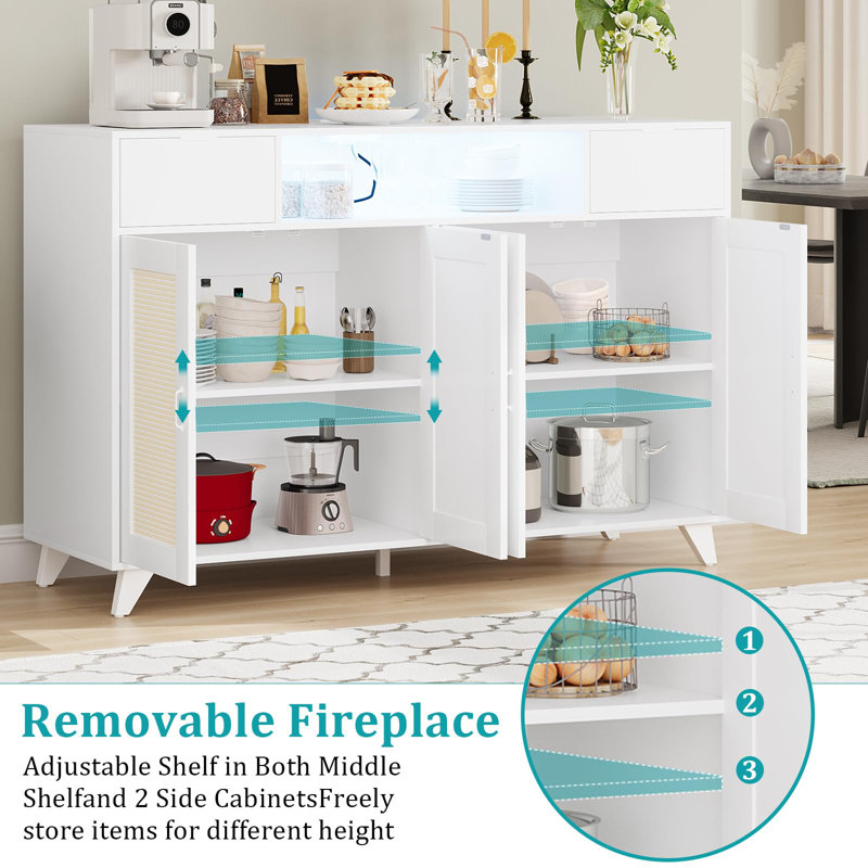 Rattan Sideboard Buffet Cabinet with 4 Doors, 2 Drawers, Power Outlet and Adjustable Shelves, White