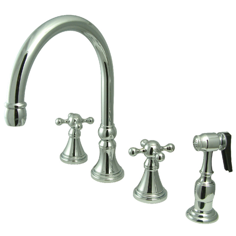 Kingston Brass Governor Double-Handle 4-Hole Widespread Kitchen Faucet with Brass Sprayer, Polished Chrome, Knob/Cross handle