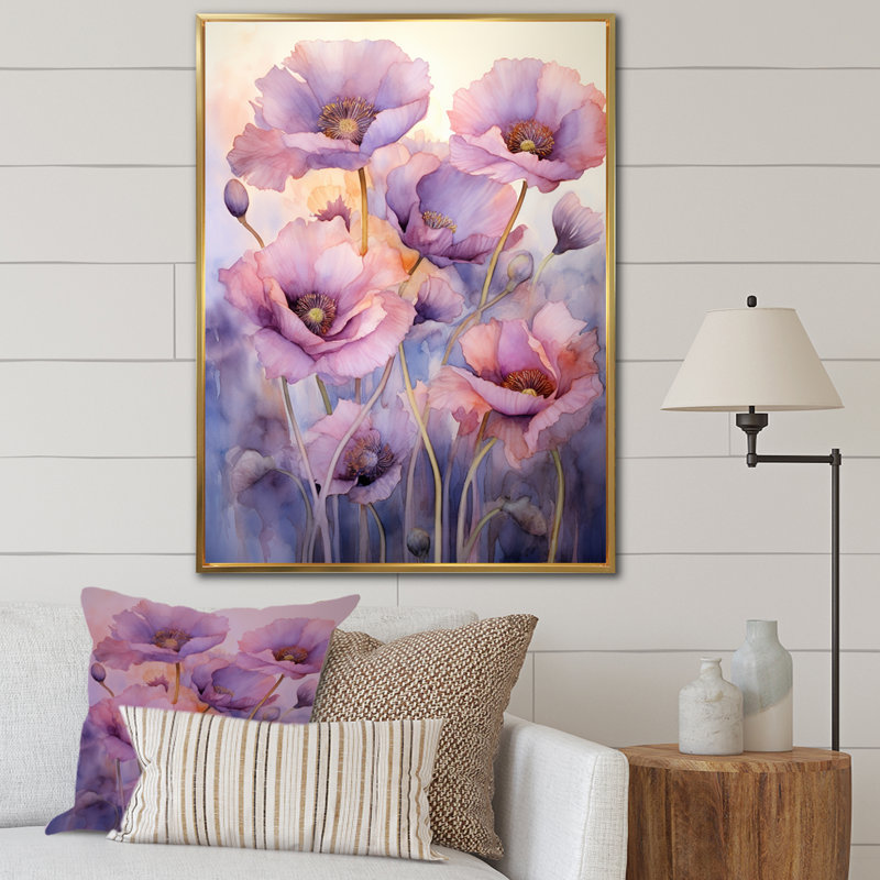Voile violet - Délicat coquelicots Moment II, Cadre flottant doré, H 40 po x l 30 po x P 1,5 po