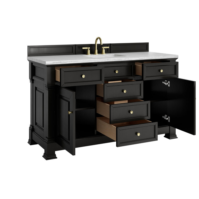 Brookfield Single Vanity, Carrara White, Widespread, Black Onyx