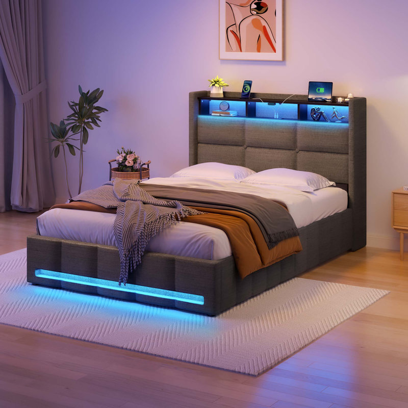 Lit tapissier avec rangement Jilissa, gris, Simple / 1 place