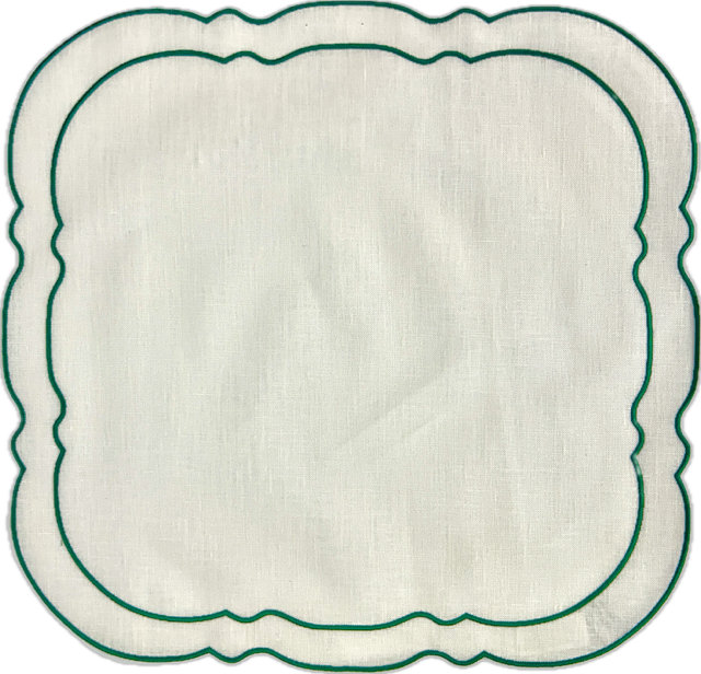 Linho Placemat: Scalloped Square Placemat - Blue, White w/ Green