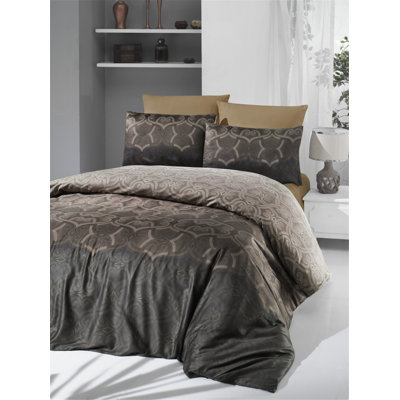 Ensemble de housse de couette double en satin luxueux, 100% coton, brun et crème | Housse de couette 86,6 po x 86,6 po, taie d'oreiller 17,7 po x 61,0 po | 210 fils, lavable à la machine, fermeture à boutons élégante, douce et durable