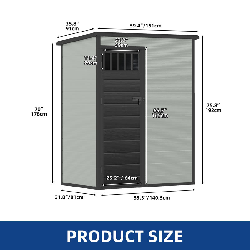 Edrosie Inc 5 X 3 Ft 65 Cuft Resin Horizontal Outdoor Storage Shed With Side Windows, Black