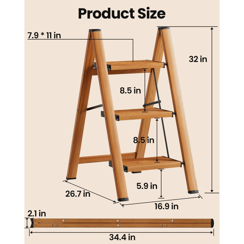 3 Step Ladder, Lightweight Folding Step Stool, Woodgrain