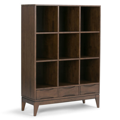 Harper 42"W Solid Hardwood 9 Cube Mid-Century Modern Bookcase with 3 Drawers