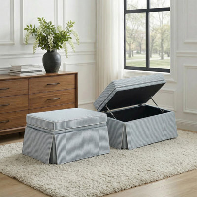 Upholstered Blue Striped Skirted Rectangular Storage Ottoman with Lift-Top (Set of 2)
