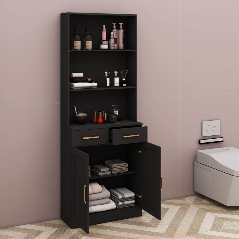 Grande armoire de rangement en bois avec 2 portes, 2 tiroirs et 3 tablettes ouvertes, parfaite pour le bureau, Noir