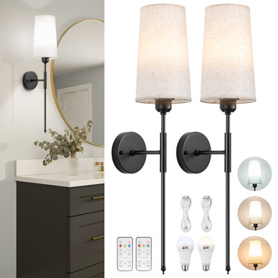 Battery Operated Wall Sconce, Rechargeable Wall Sconce With Remote, Dimmable Wireless Wall Sconces Set Of Two, White Fabric Wall Lamp With Bulbs, No Wiring Gold Wall Light For Bedroom