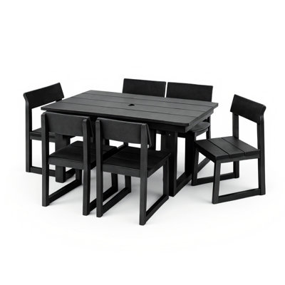 6 - Person Outdoor Dining With Weather Frame, Patio Table Umbrella Hole And Armless Chairs In Matte Black For Poolside Seater , Deck Backyard