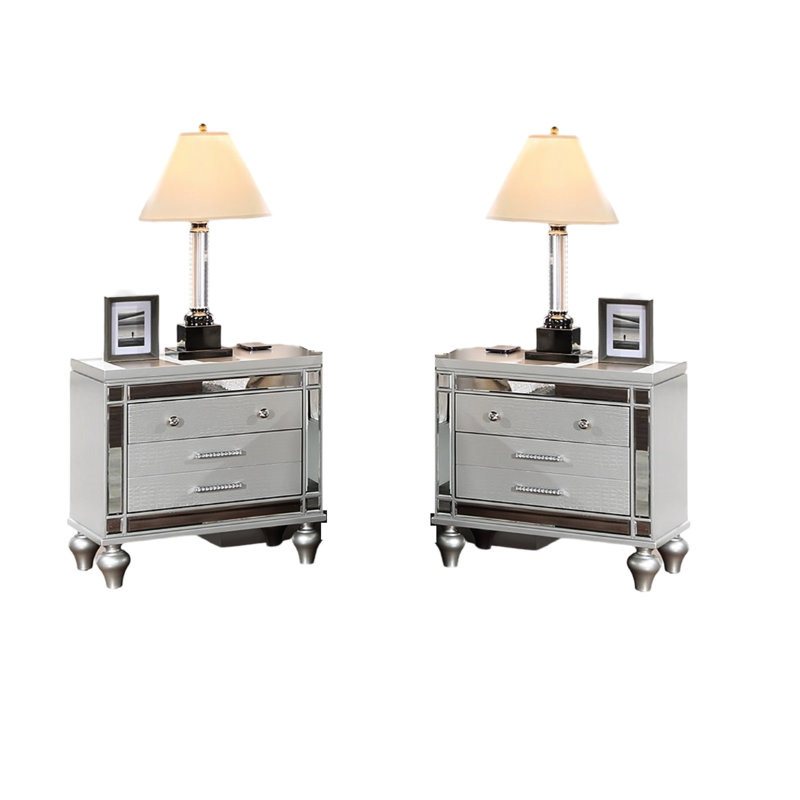 Table de chevet élégante avec charge sans fil, 2 tiroirs et miroir élégant pour table de chevet de chambre à coucher de style contemporain