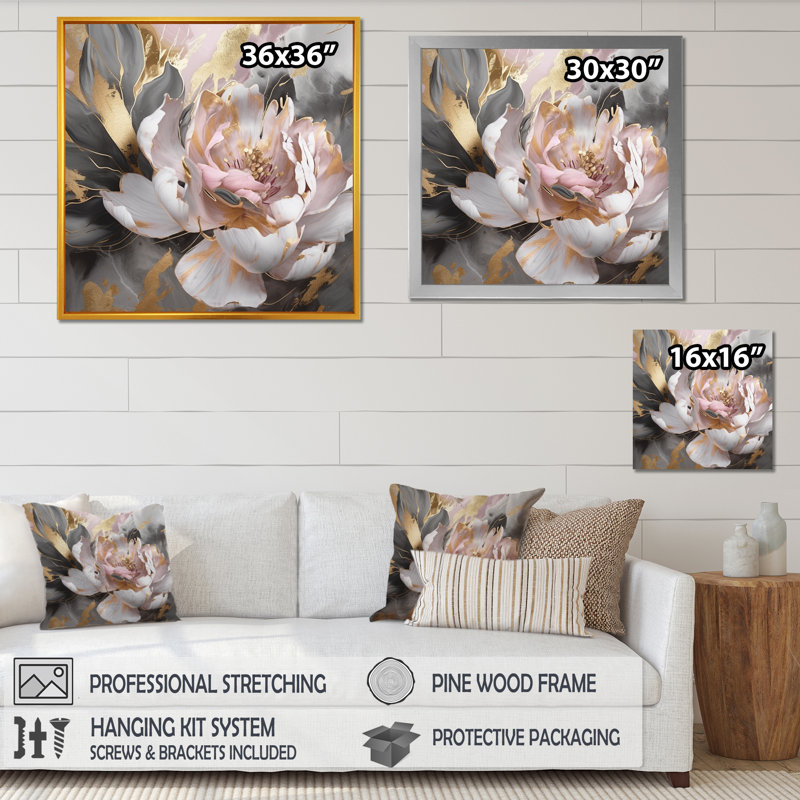Marbre rose doré, pivoine fleur IV - Abstrait marbré, impressions sur toile, H 24 po x l 24 po, Toile tendue