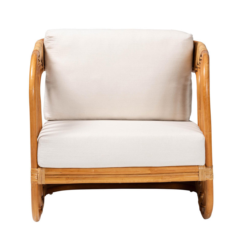 Handcrafted White Rattan Bohemian Accent Chair with Cushions