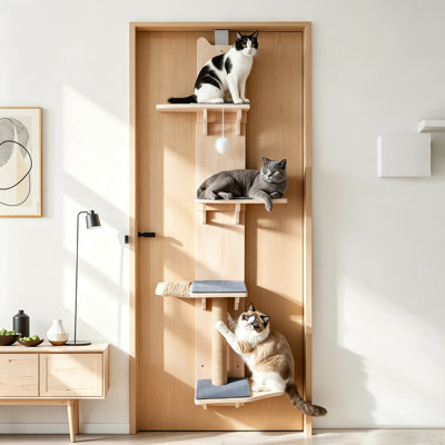 Arbre à chat suspendu à la porte, tablette pour chat avec tapis moelleux, en bois, 4 niveaux, pour chats d'intérieur