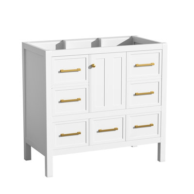 Armoire de salle de bain blanche en bois massif avec 5 tiroirs, fermeture en douceur, portes de meuble-lavabo 36 po