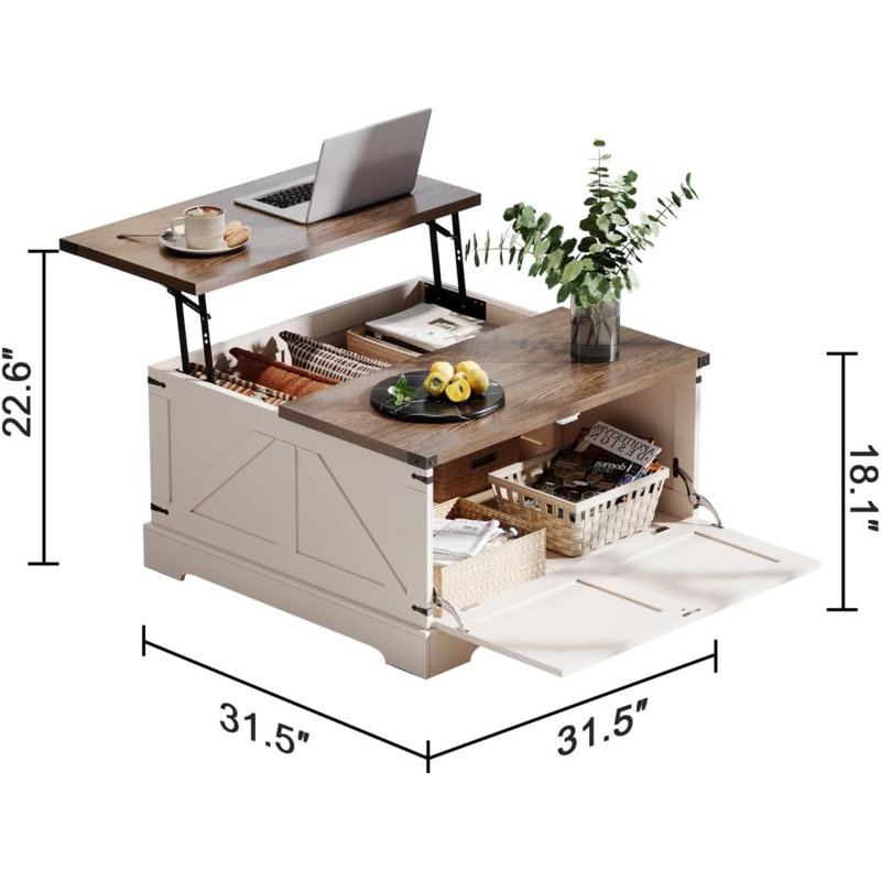 31.5" W Farmhouse Lift Top Coffee Table with Storage, Dark Brown, Beige