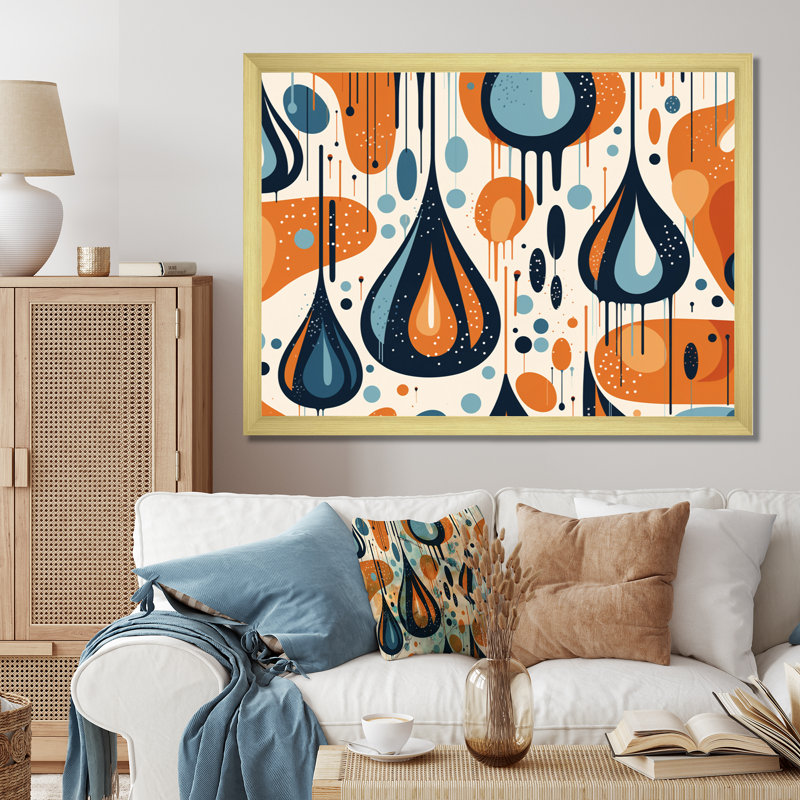 Orange orange bleu Mid-Century Balance I - imprimé, Cadre photo doré simple, H 30 po x l 40 po x P 1,5 po